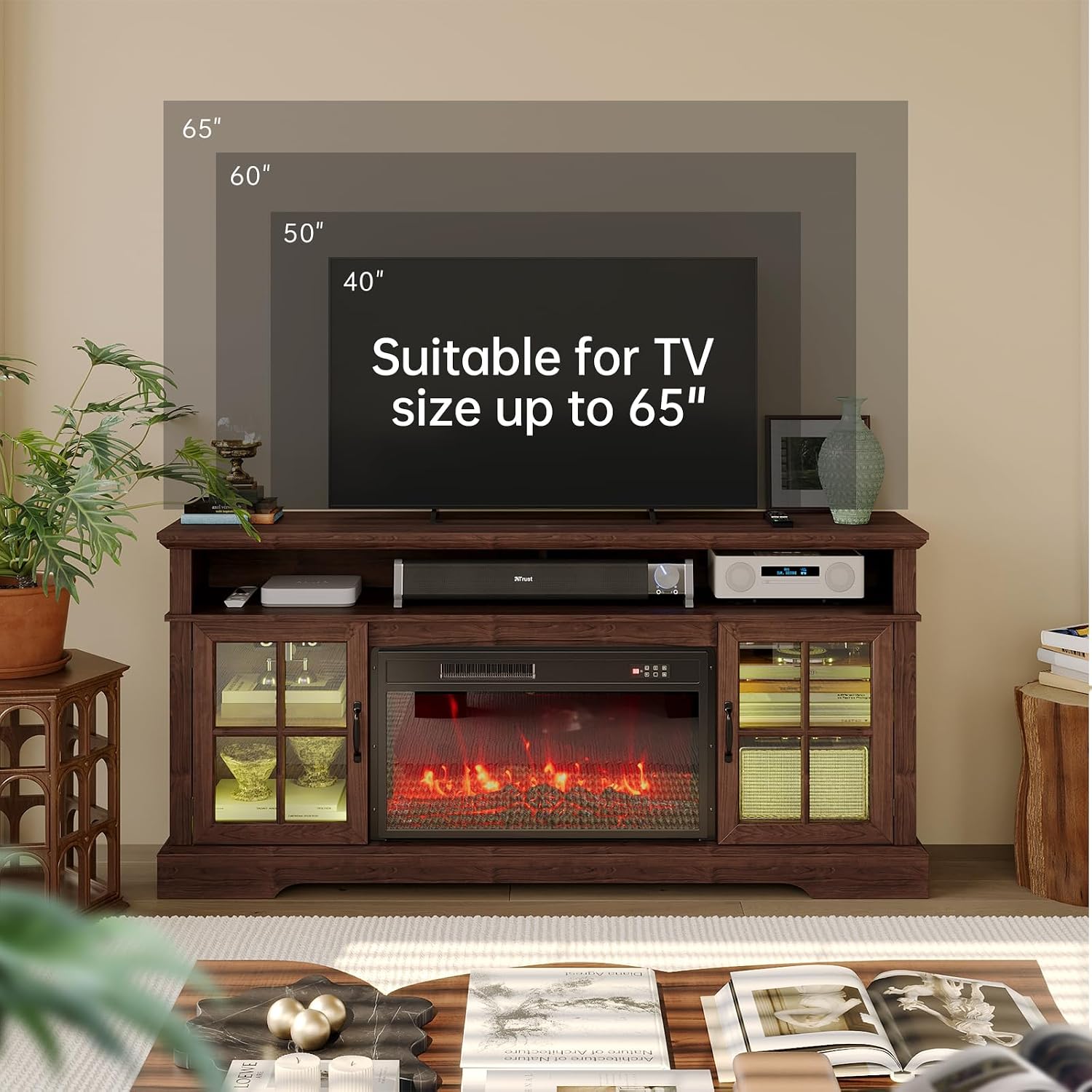 58' Farmhouse TV Stand with 23' Fireplace for TVs up to 80', Media Entertainment Center with Adjustable Shelves and Large Storage Cabinets, for Living Room, Brown & Black
