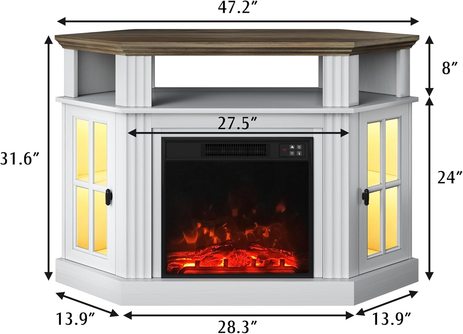 YESHOMY LED Corner Fireplace TV Stand with Mood Lighting, for TVs up to 55' with Storage Cabinets, Entertainment Center, Media Console for Living Room, Bedroom, White