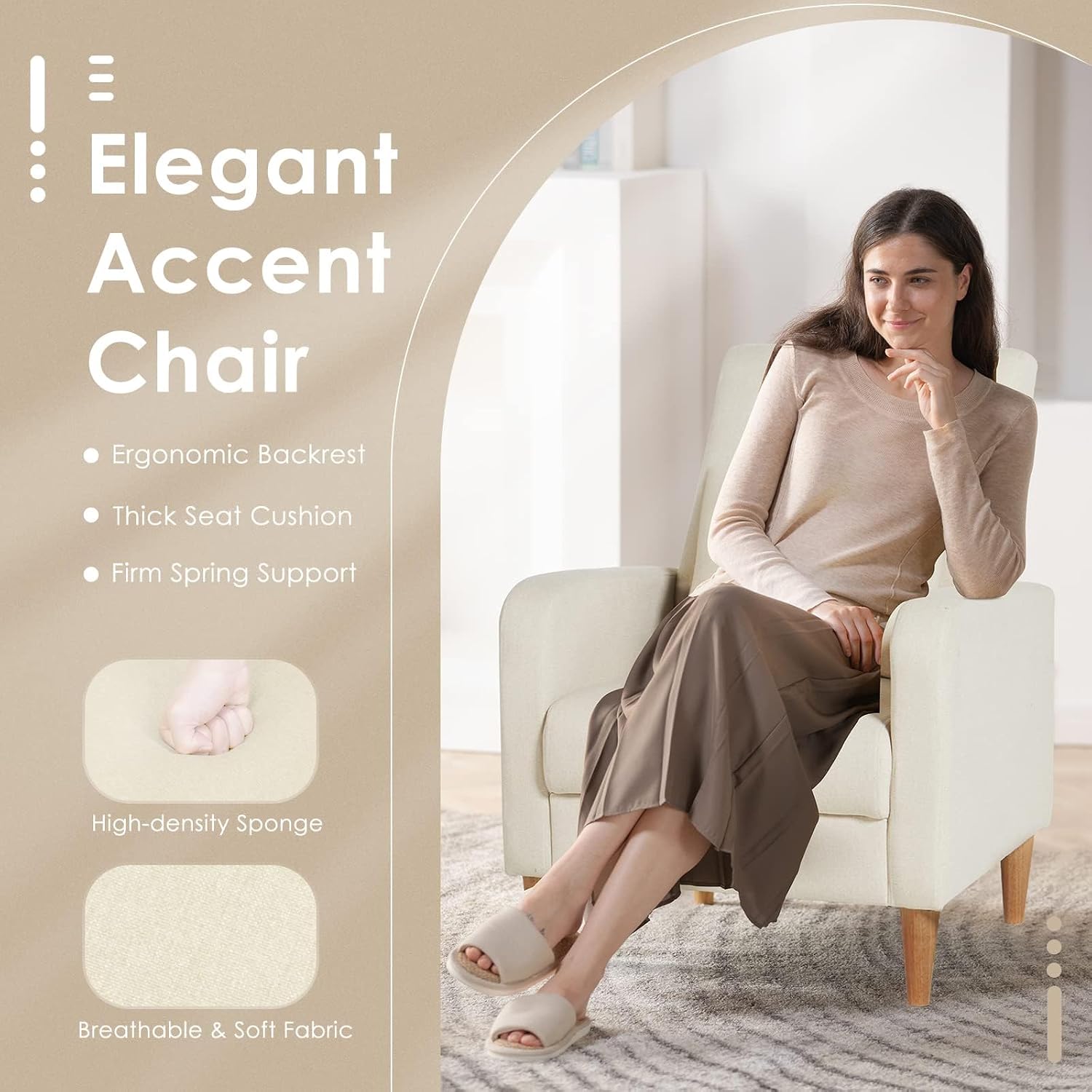 COLAMY Mid-Century Modern Upholstered Accent Chair with Back Pillow & Solid Wood Legs, Fabric Cozy Armchair for Living Room, Bedroom, Reading Nook, Apartment & Small Spaces, Beige