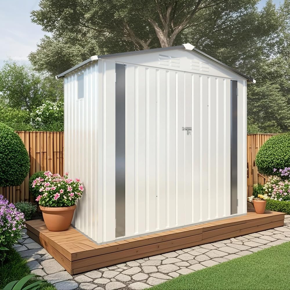6X3.5 FT Metal Storage Shed Outdoor Tool Shed with Window, Lockable Door & Vents, Waterproof Backyard Garden Storage for Tools, Bikes, Sundries, Patio (White+Gray)