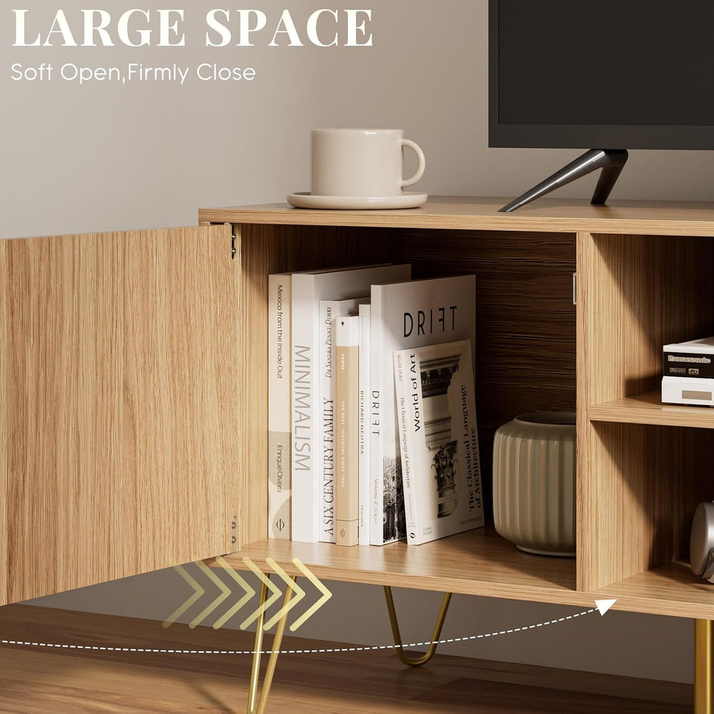 TV Stand for 55-65 Inch TV, Entertainment Center with Soft Hinge Door,TV Console Table with 2 Cabinets with Gold Handle and Feet,for Living Room, Bedroom, Oak