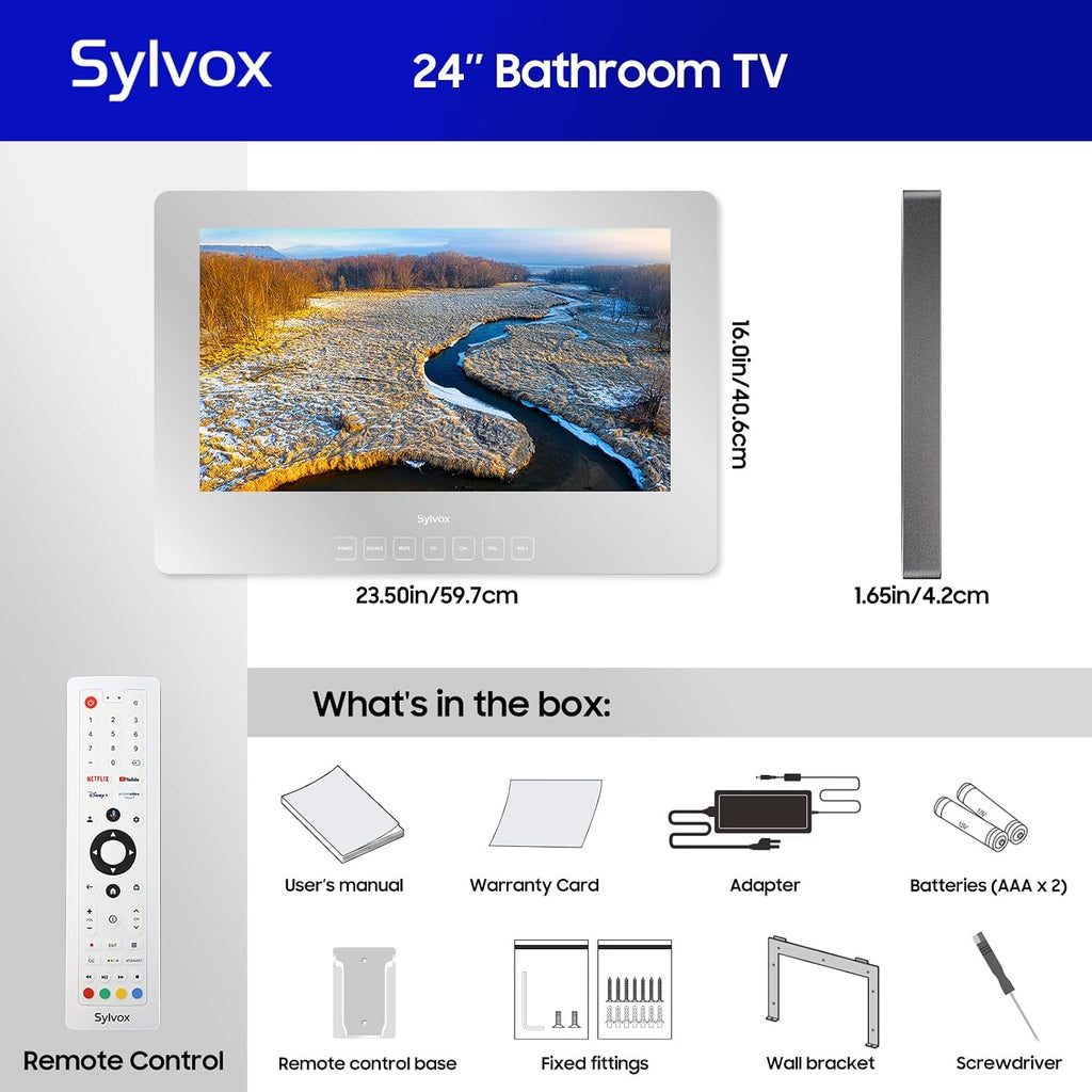 SYLVOX Bathroom TV, 24 inch Smart Mirror TV for Bathroom Shower SPA, Support Google, 1080P IP66 Waterproof Touch Button WiFi Bluetooth Google Assistant, Smart TVs for Indoor Humid Environment