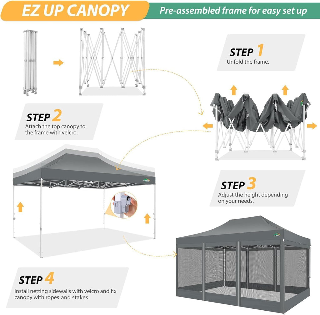 COBIZI 10x15 Heavy Duty Pop up Canopy with 4 Sidewalls, Canopy Tent with Mosquito Netting, Easy up Screen Party Tents for Parties Wedding Patio Backyard Commercial Gazebo with Handbag, Gray