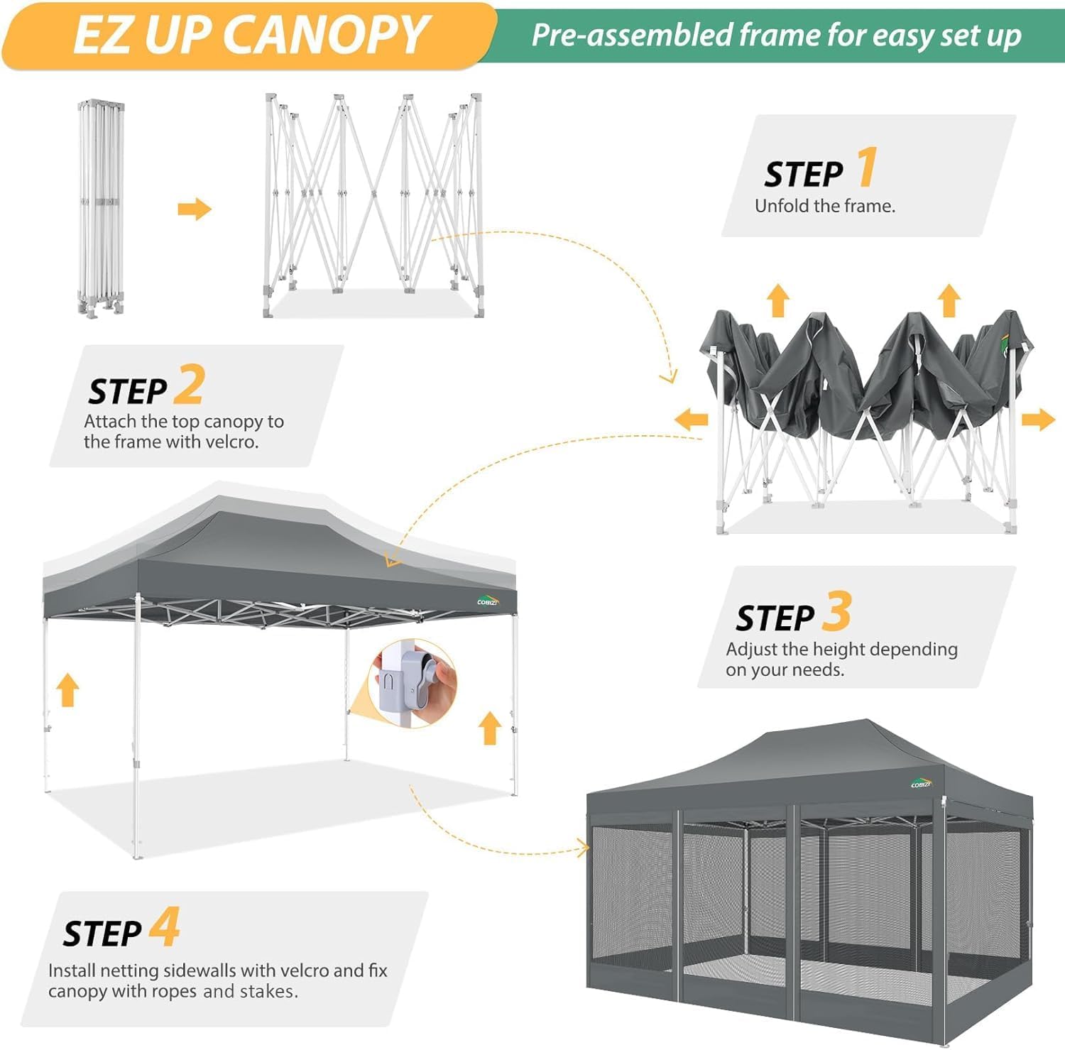 COBIZI 10x15 Heavy Duty Pop up Canopy with 4 Sidewalls, Canopy Tent with Mosquito Netting, Easy up Screen Party Tents for Parties Wedding Patio Backyard Commercial Gazebo with Handbag, Gray