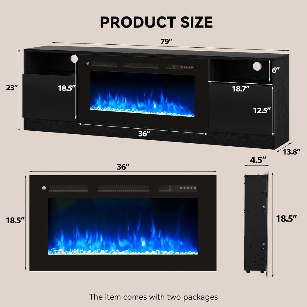 80' Fireplace TV Stand with 36' Electric Fireplace, LED Light Entertainment Center for TVs Up to 90', High-Gloss Door, Modern TV Console for Living Room with Storage Cabinet, Black+Black