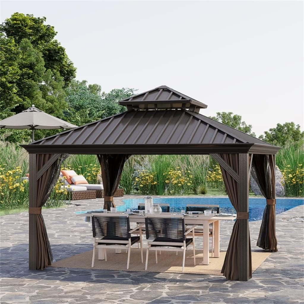 12'x12' Metal Roof Gazebo Canopy with Curtains and Netting, Outdoor Hardtop Gazebo with Aluminum Frame for Backyards