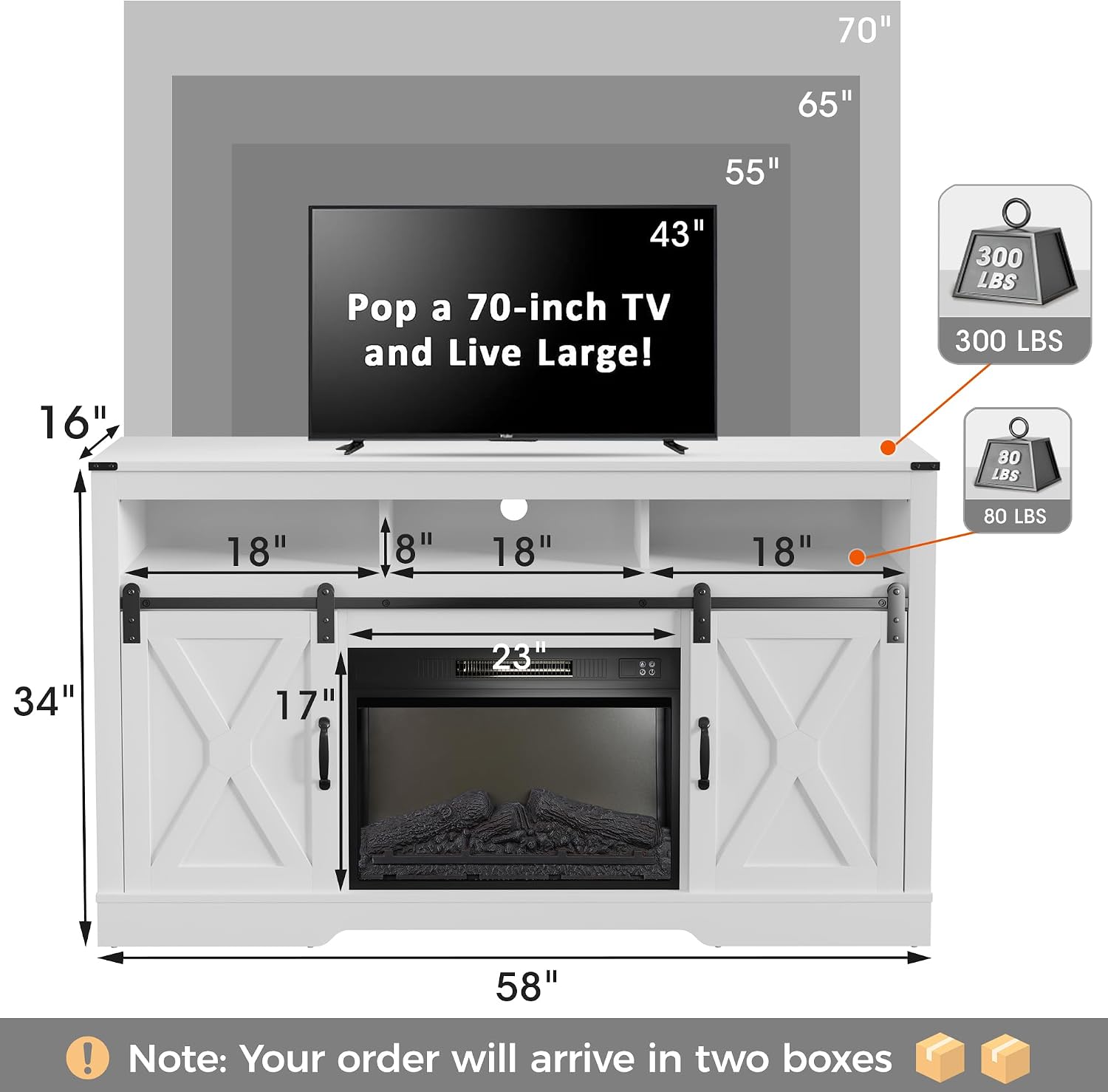 RoyalCraft Fireplace TV Stand for 65+ Inch TV, 34' Tall Farmhouse Entertainment Center with 23' Electric Fireplace,Rustic Media Console with Sliding Bar Door for Living Room, White
