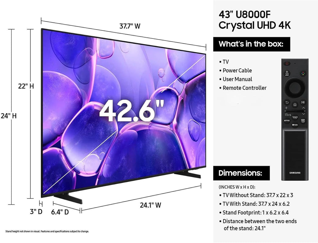 Samsung 43 Inch Smart TV 2025 Class U8000 Series Crystal UHD 4K Smart Tizen TV with Bluetooth, Motion Xcelerator(Renewed)
