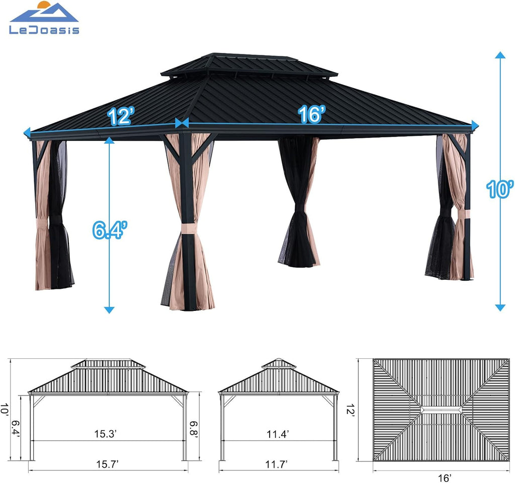 LeDoasis Blazar 12' X 16' Hardtop Gazebo with Nettings and Curtains, Outdoor Gazebo for Patio Lawn and Garden, Vertical Stripes Galvanized Steel Double Roof Canopy