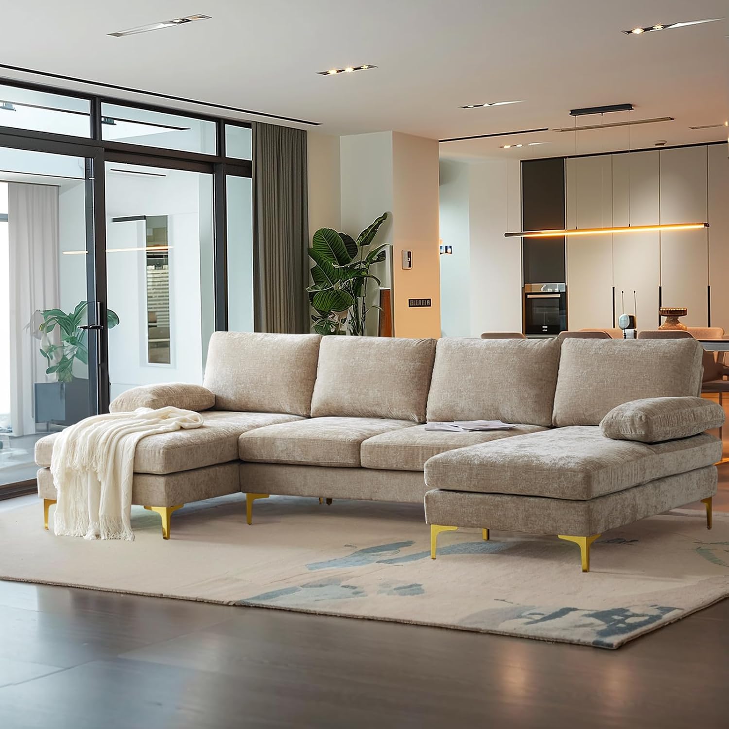 VINGLI 110' Large U-Shape Sectional Sofa Couch with 51' D Double Chaise for Living Room, Modern Sectional Couch Set with Soft 5.9' Thickness Seating Padding, Chenille Fabric,Metal Gold Legs(Khaki)