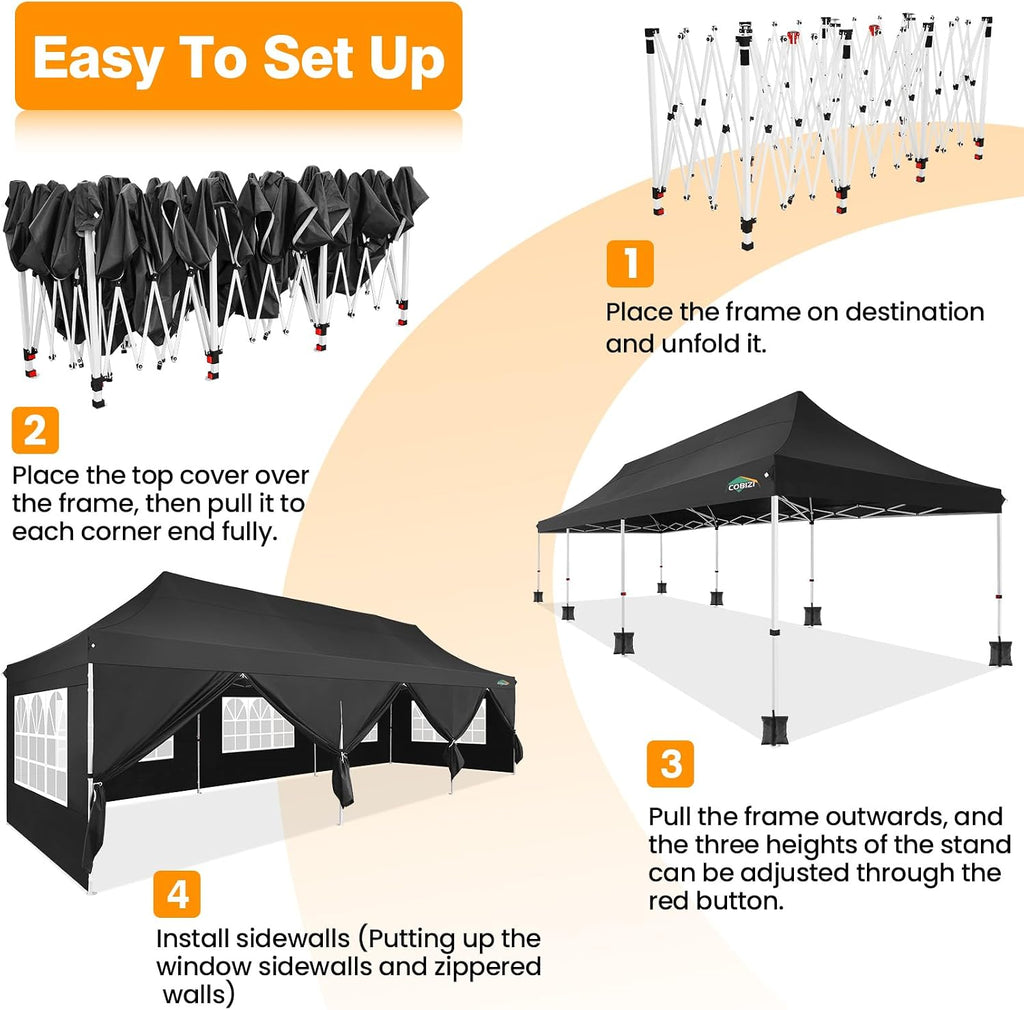 COBIZI 10x30 Pop up Canopy with Roller Bag & 8 Removable Sidewalls, Canopy Tent for Parties, Wedding, and Commercials, Waterproof and Instant Shelter UV50+ Outdoor Gazebo with 4 Sandbags(Pure Black)