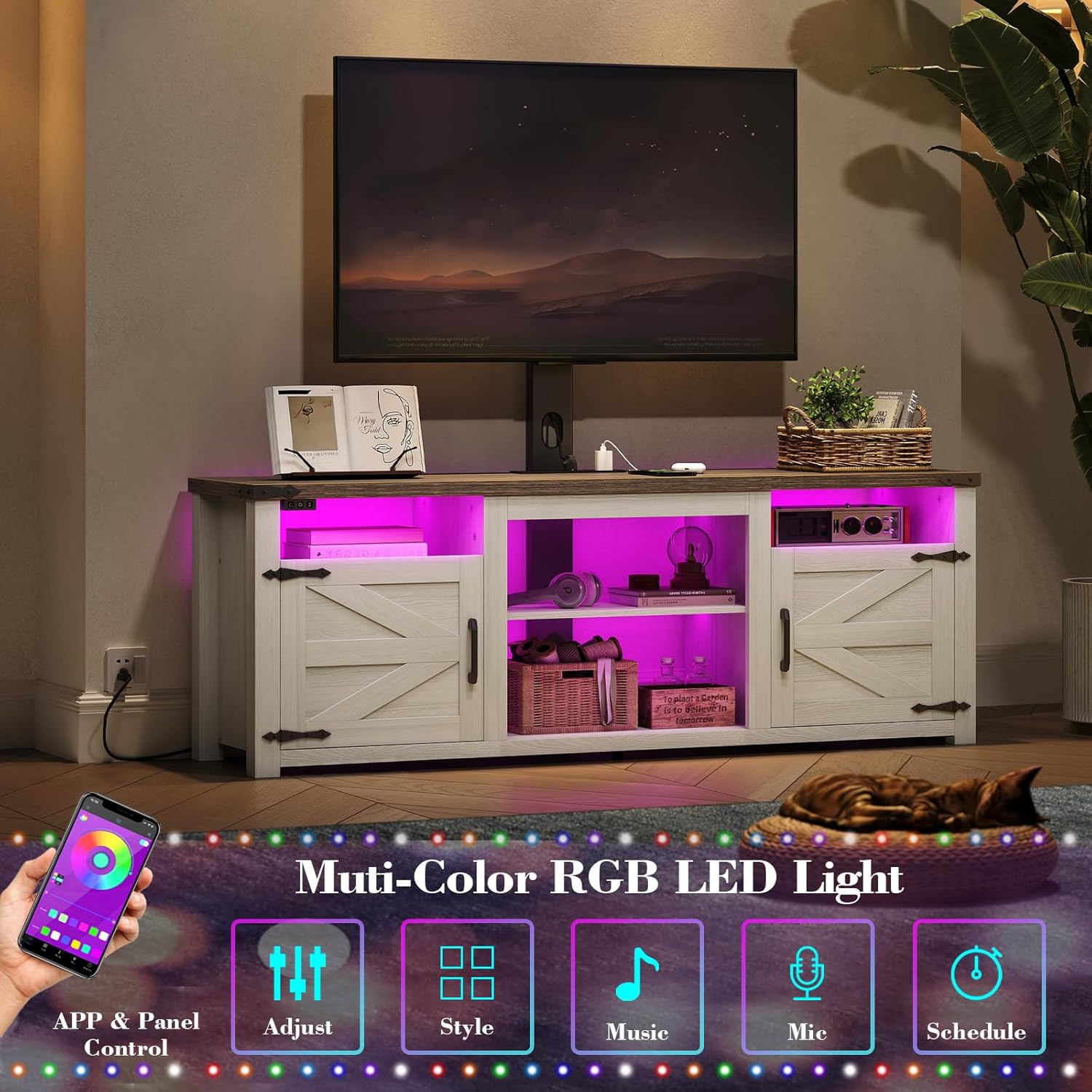 ROCHECASA Farmhouse TV Stand with Mount and Charging Station LED Lights 55', Entertainment Center with Height Adjustable Swivel Mount and Barn Doors Storage Cabinets for TVs Up to 70 inch