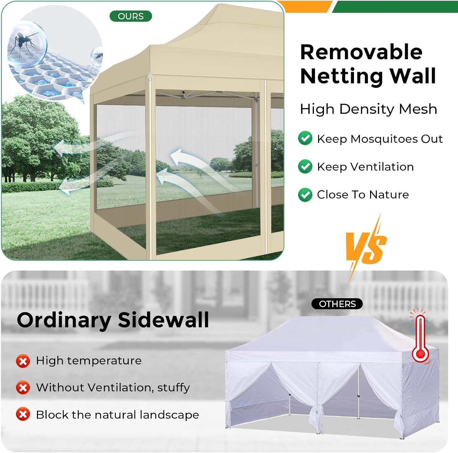 COBIZI 10x20 Heavy Duty Pop Up Canopy Tent with 6 Sidewalls, Easy Set Up Outdoor Waterproof Screen Commercial Party Tent with Mosquito Netting for Parties Backyard Patio, Roller Bag, Khaki