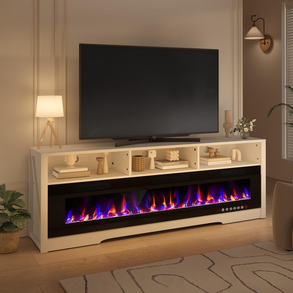 PRETZI 65' Fireplace TV Stand with 60' Glass Electric Fireplace for TVs Up to 75 inch, Modern Fireplace Entertainment Center with Open Storage Shelf, Media Console TV Cabinet for Living Room, White