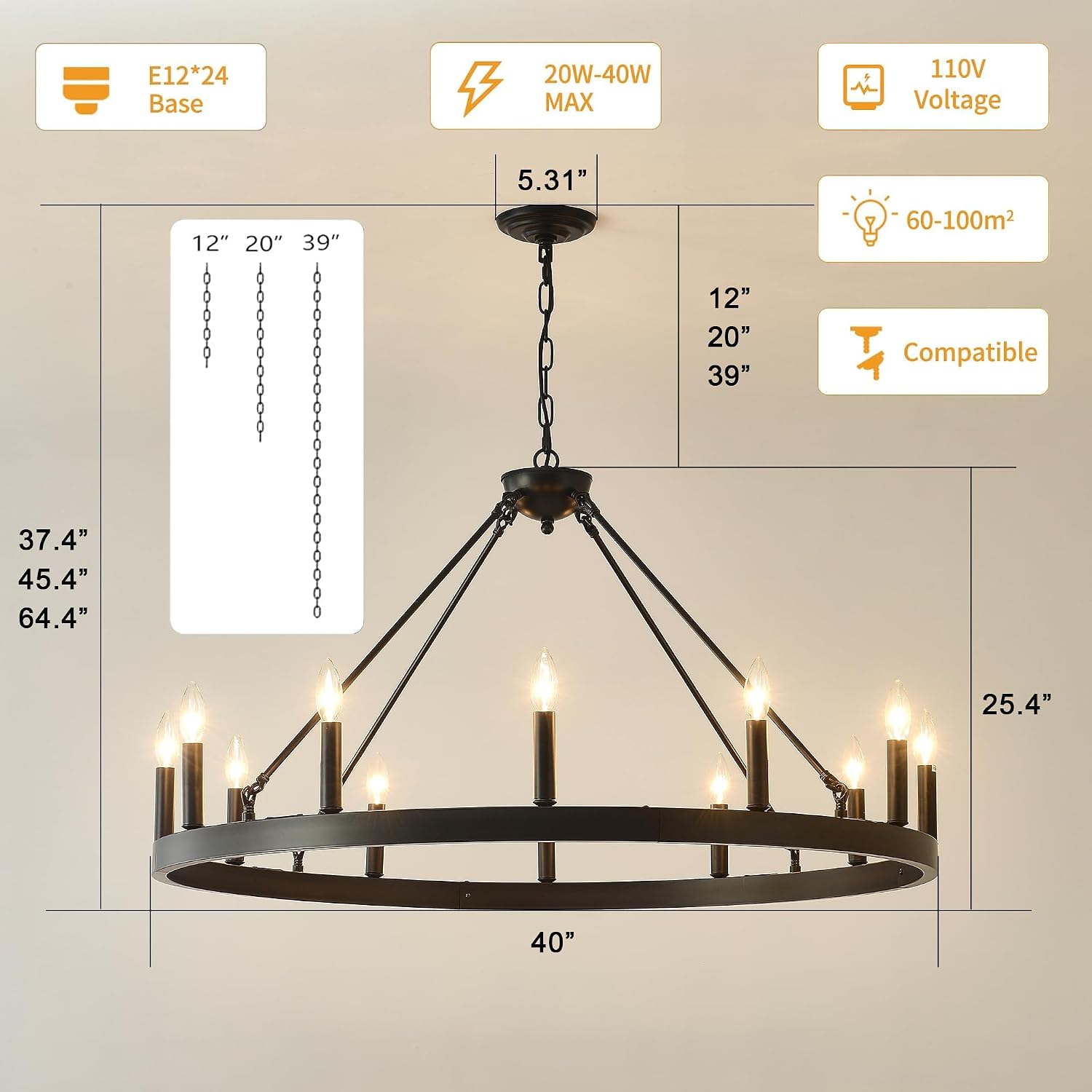 40 Inch Black Wagon Wheel Chandelier, 12-Lights Farmhouse Industrial Round High Ceiling Pendant Light Adjustable Chain for Outdoor Porch,Foyer,Dining Room, Living Room