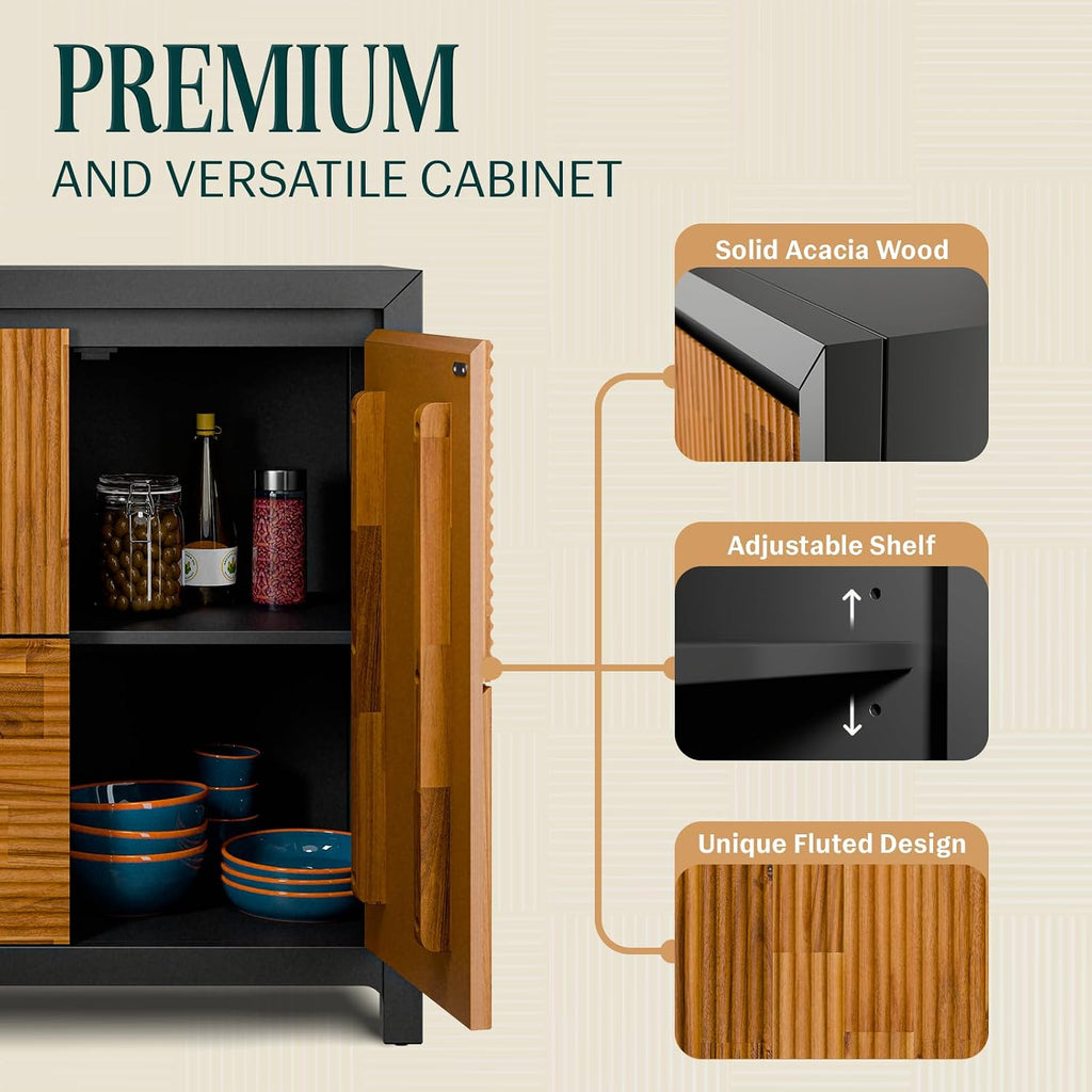 Bme Madia Accent Cabinet, Trendy Fluted Pattern Entryway Table with Storage with Convenient Soft-Close Doors, Solid Acacia Wood Frame with Adjustable Shelf and Legs, Fully Assembled