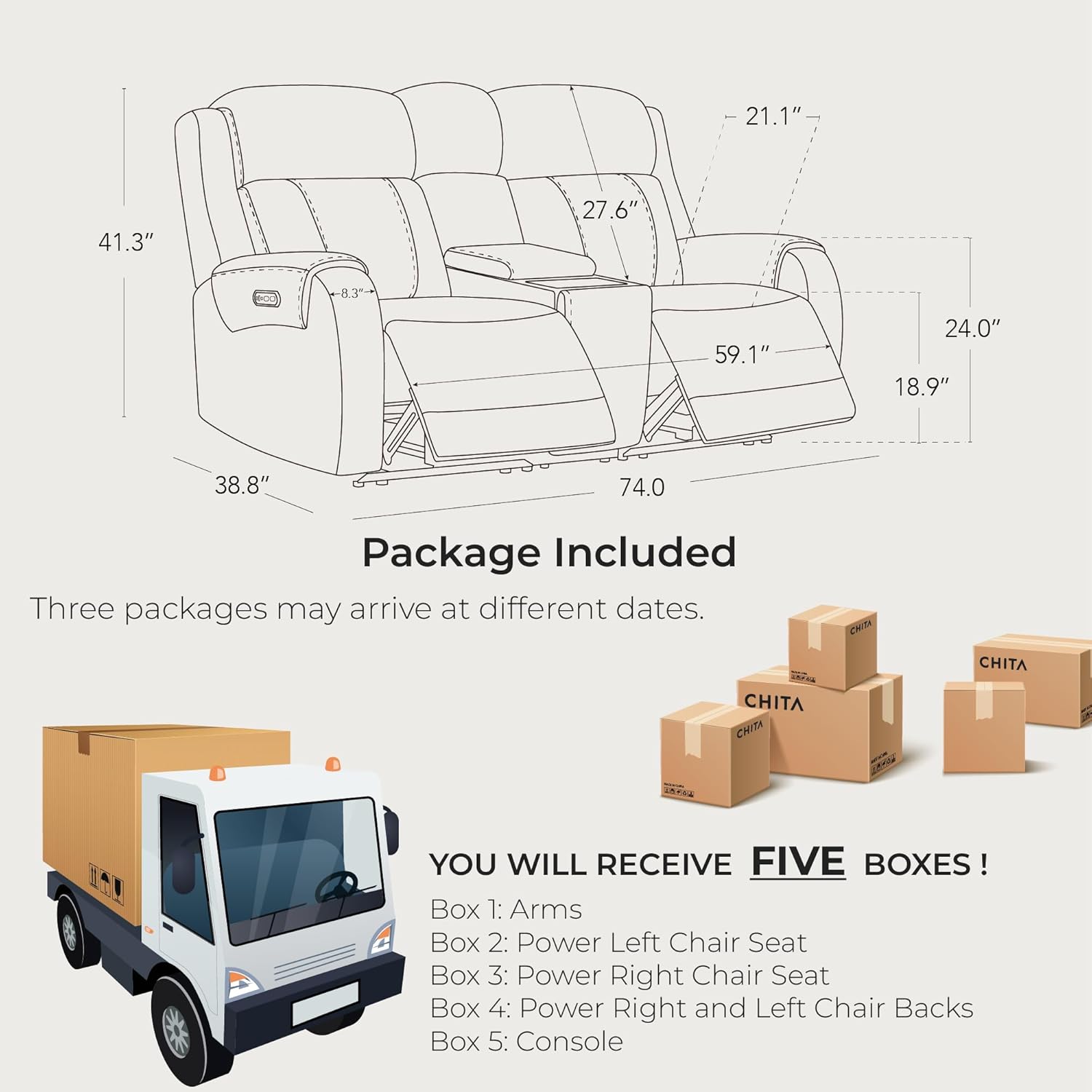 CHITA Genuine Leather Power Recliner Sofa, Wall Hugger Reclining Loveseat with Console, Power Headrest, Dual Motor, Wireless & USB Charging Ports, Recliner Couch for Living Room, RV, Leather in Cream