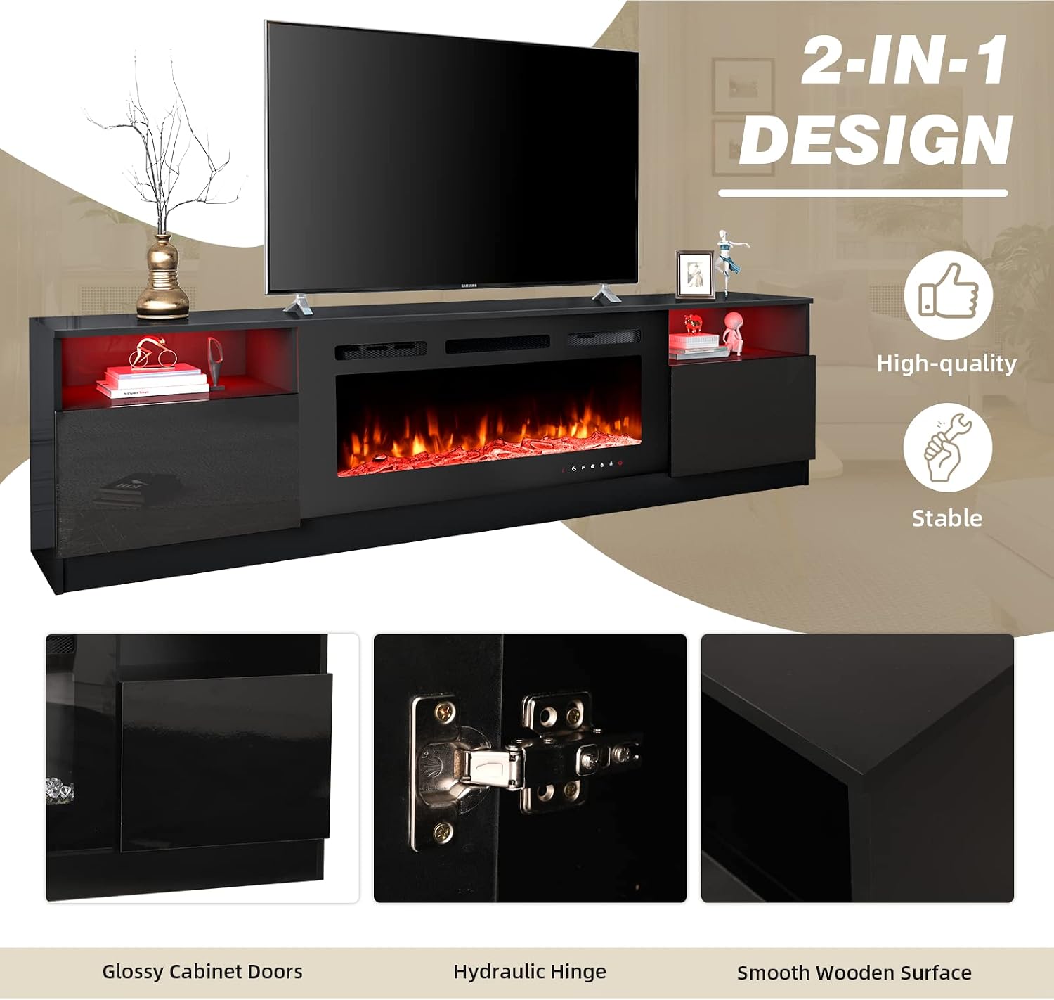 EROMMY 80'' Fireplace TV Stand with 40'' Electric Fireplace, Entertainment Center with 16 Color Led Lights and 12 Flame Fireplace Insert Heater, TV Console for TVs up to 90'' for Living Room, Black