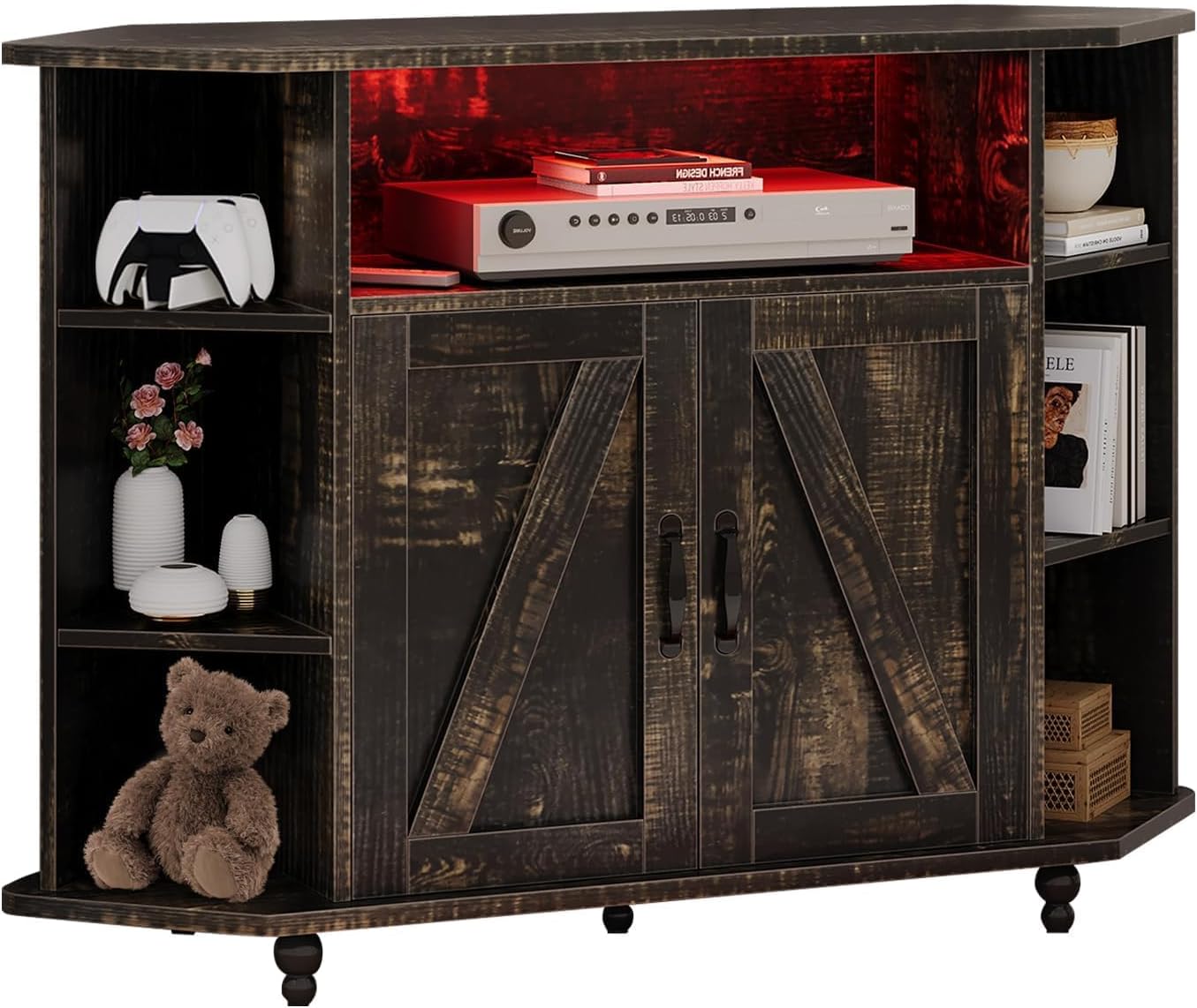 4 EVER WINNER Corner TV Stand with Led Light for 50 Inch TV, Corner Entertainment Center with Open Storage, Adjustable Shelves, TV Stands for Living Room, Bedroom, Rustic Oak