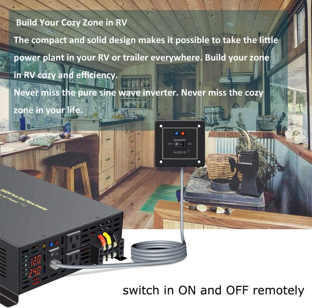 WZRELB 3000W 12VDC 120VAC Pure Sine Wave Power Inverter with 2 AC Outlets Wired Remote Control Car Inverter (RBP-300012WR)