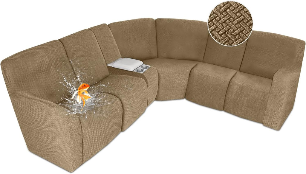 ALIECOM 100% Waterproof Recliner Sectional Couch Covers L Shape Stretch Corner Reclining Sectional Sofa Cover Washable Recliner Slipcover Protector for Dog Pet (5 Seat and 1 Console, Camel)