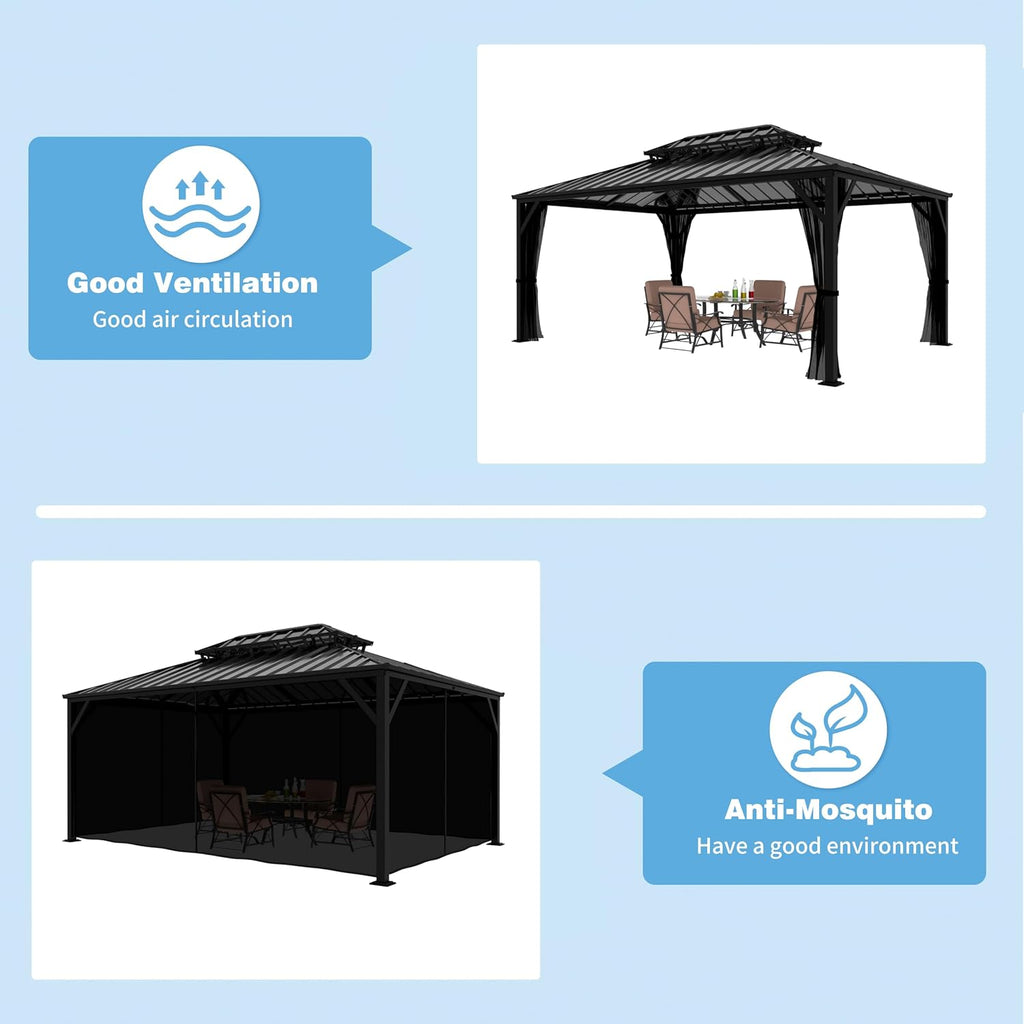 BlueWish 12x16 FT Hardtop Gazebo Canopy with Double Galvanized Steel Roof, Permanent Outdoor Pavilion with Mesh Netting for Patio, Garden, Backyard, Deck, Black