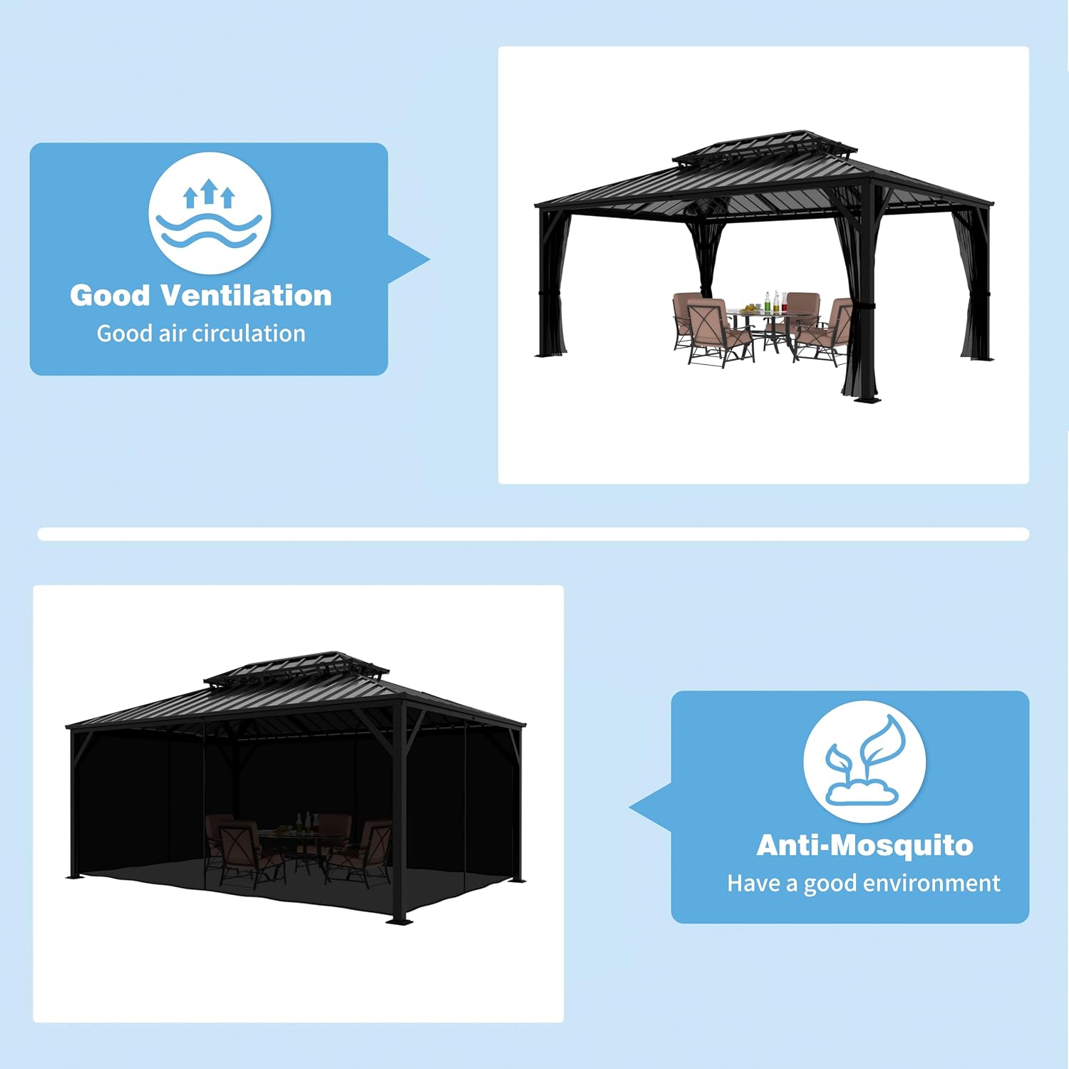 BlueWish 12x16 FT Hardtop Gazebo Canopy with Double Galvanized Steel Roof, Permanent Outdoor Pavilion with Mesh Netting for Patio, Garden, Backyard, Deck, Black