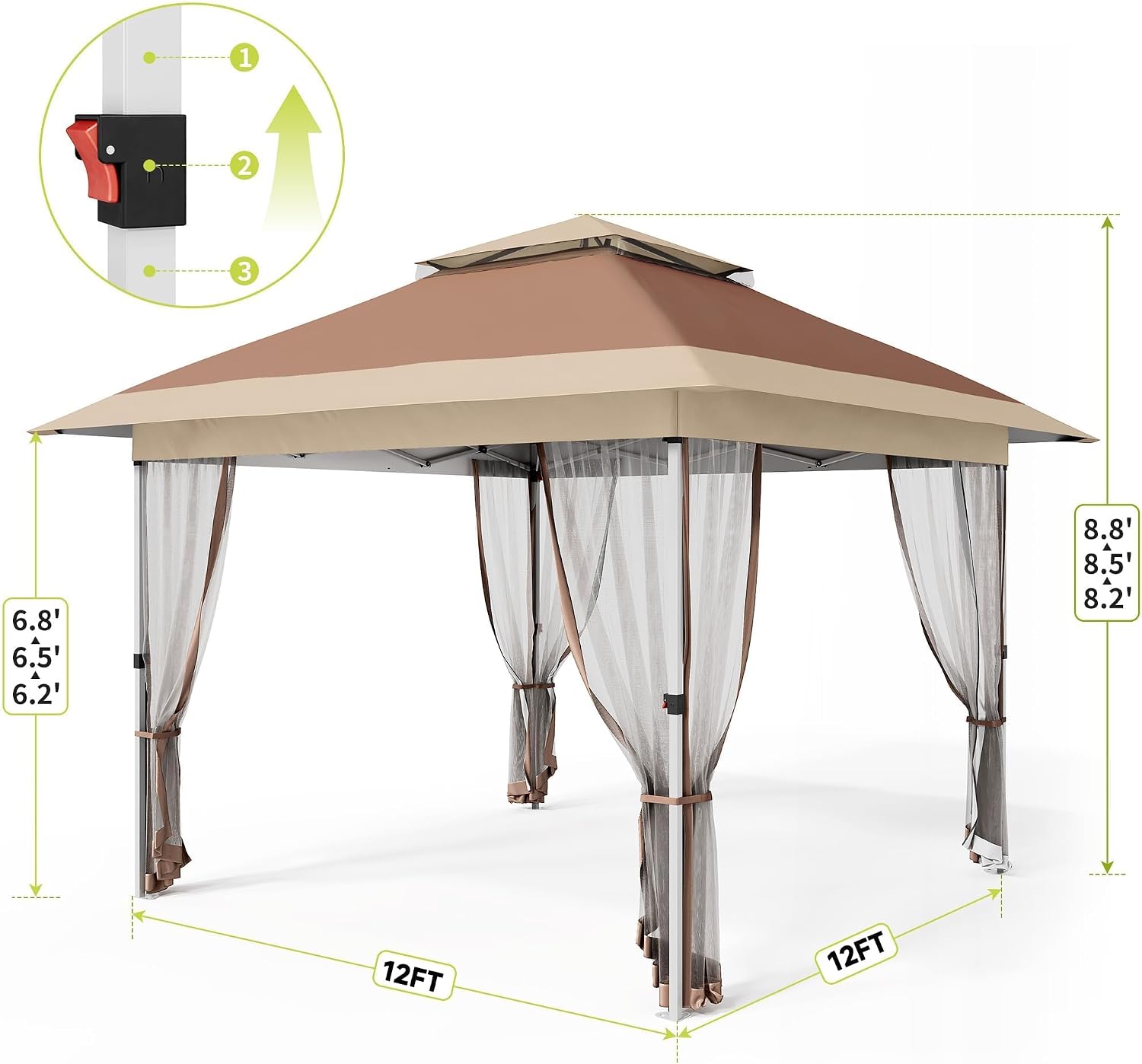 12x12 Pop Up Canopy - Outdoor Gazebo Tent with Mosquito Netting & Curtains, Adjustable Height, Includes Wheeled Carry Bag for Patio/Garden/Backyard (Deep Brown & Khaki)