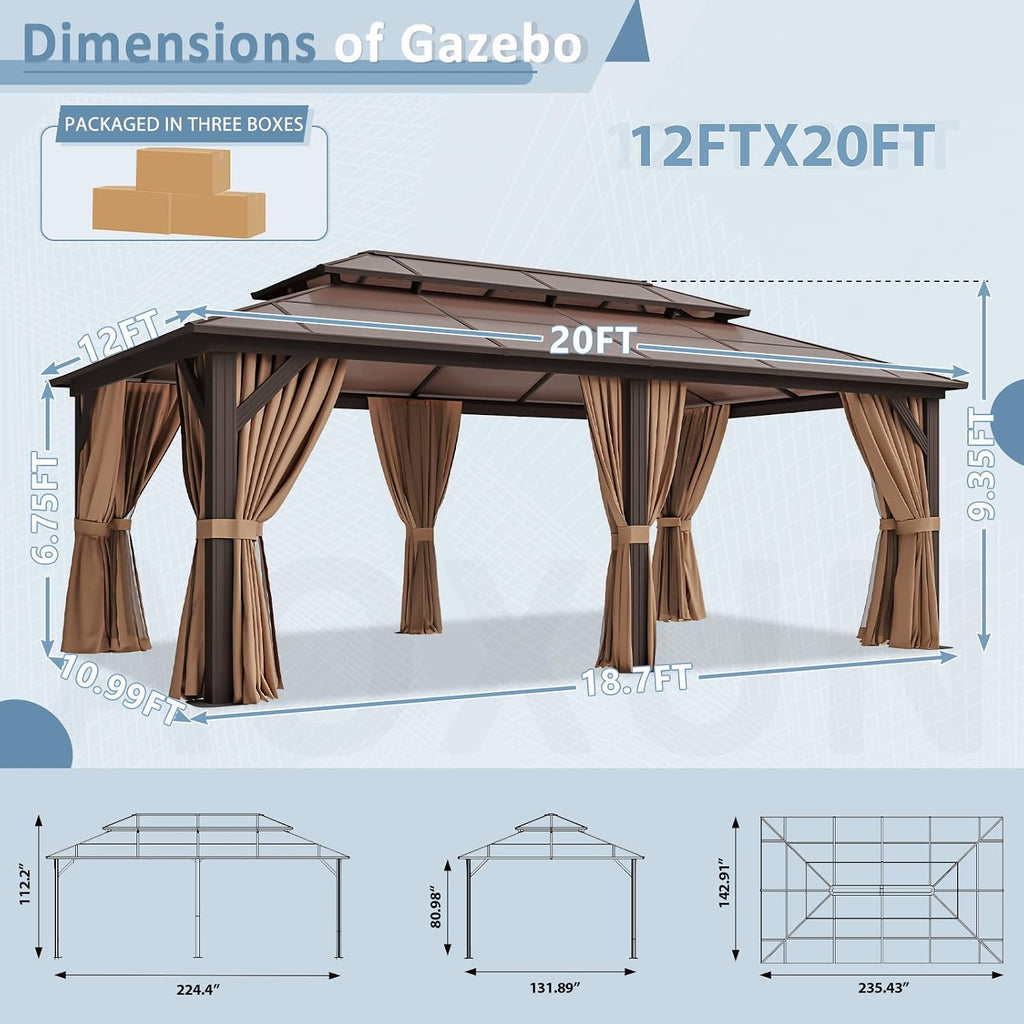 Aoxun 12'x20' Hardtop Gazebo, Aluminum Frame Permanent Pavilion with Curtains and Netting, Outdoor Polycarbonate Double Roof Canopy, Designed for Patio, Garden, Lawns
