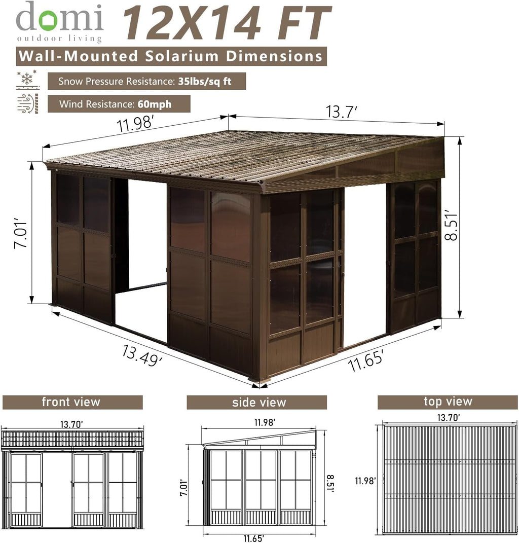 Domi 12x14FT Wall-Mounted Sunroom Gazebo, Aluminum Solarium with Galvanized Steel Sloping Roof, Detachable PVC Screens, Front & Side Sliding Doors, Outdoor Sun Room Lean to Gazebo for Patio Deck Lawn