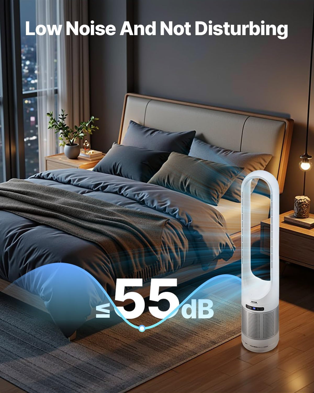 VEVOR Tower Fan Bladeless, 15.4ft/s Velocity Floor Fan that Blows Cold Air, 80° Oscillating 8-Speed Fans, 8H Timer, Standing Fans with H13 HEPA Filtration, Remote Control & Air Purification Mode