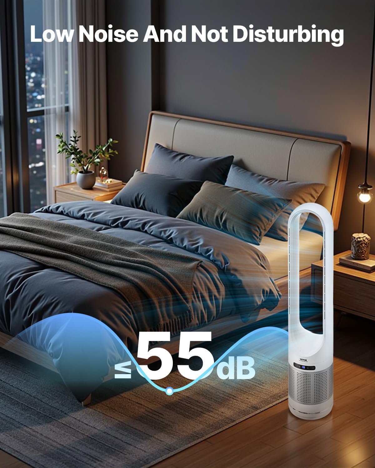 VEVOR Tower Fan Bladeless, 15.4ft/s Velocity Floor Fan that Blows Cold Air, 80° Oscillating 8-Speed Fans, 8H Timer, Standing Fans with H13 HEPA Filtration, Remote Control & Air Purification Mode