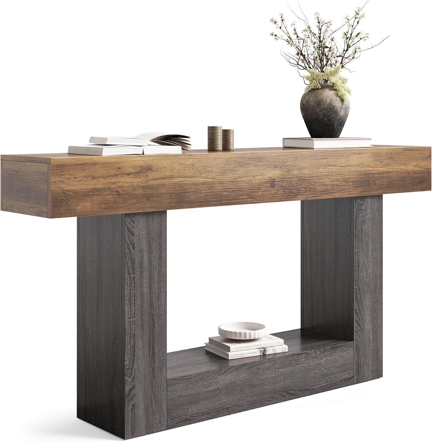LITTLE TREE 63 Inches Long Console Table, 2-Tier Farmhouse Sofa Table Behind Couch, Large Narrow Entryway Table for Living Room, Wooden Hallway Foyer Table with Heavy Duty Base, Rustic Brown and Grey