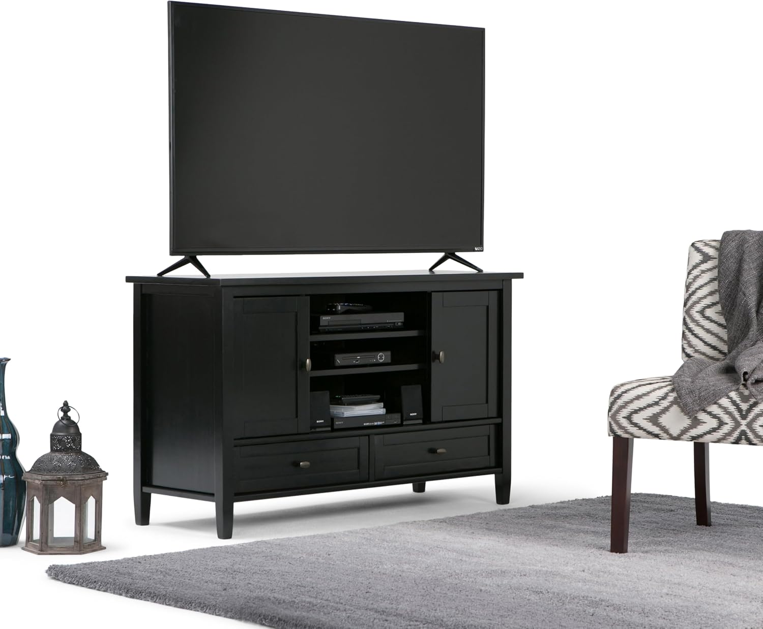 SIMPLIHOME Warm Shaker TV Stand - 47 inch Wide Solid Wood Media Console in Black, Transitional Entertainment Center for TVs up to 50 Inches with 2 Cabinets, 2 Drawers, and Cord Management