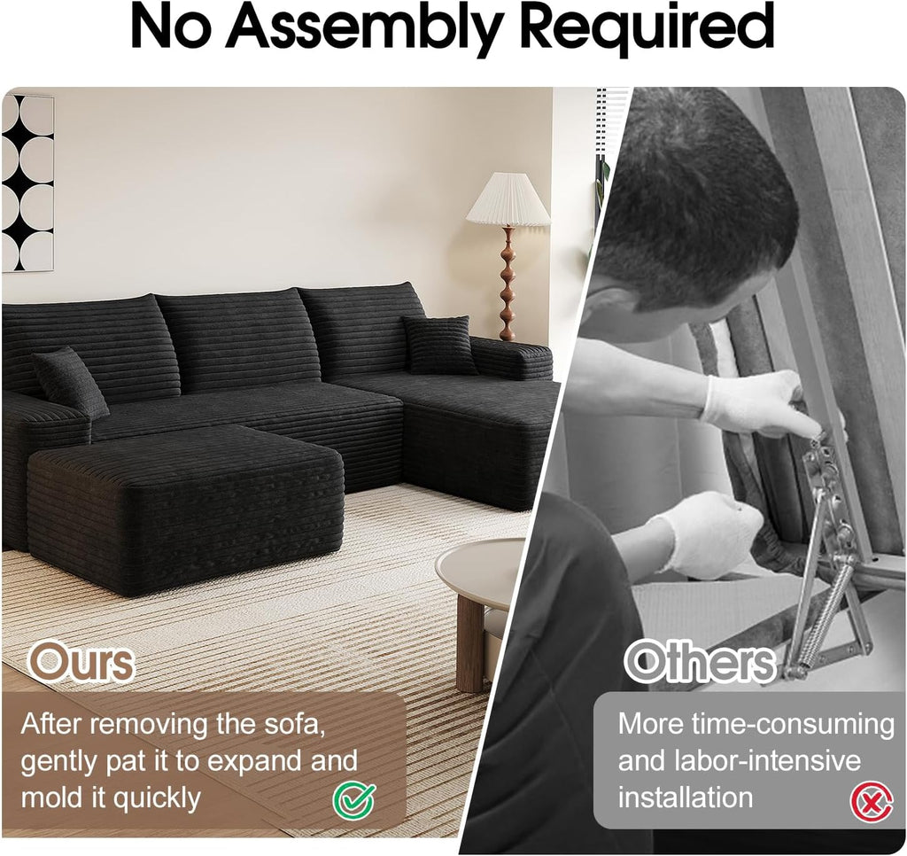 107.5' Comfy U-Shaped Sectional Modern Boneless Corduroy Couch with Chaise ‌and Ottoman‌ - No Assembly Required! Deep-Seat, Upholstered Modular Cloud Sofa for Living Room, Plush Corduroy Fabric(Black)