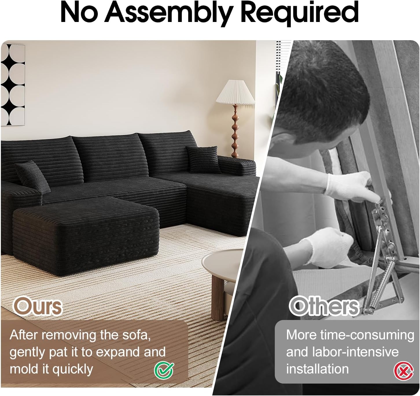 107.5' Comfy U-Shaped Sectional Modern Boneless Corduroy Couch with Chaise ‌and Ottoman‌ - No Assembly Required! Deep-Seat, Upholstered Modular Cloud Sofa for Living Room, Plush Corduroy Fabric(Black)