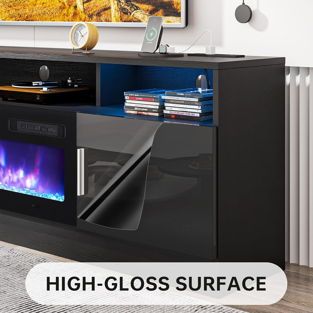 oneinmil 70' Fireplace TV Stand with Power Outlet for TVs Up to 80', Electric Fireplace Entertainment Center with LED Lights & Storage Cabinets, Media Console Table for Living Room, Black