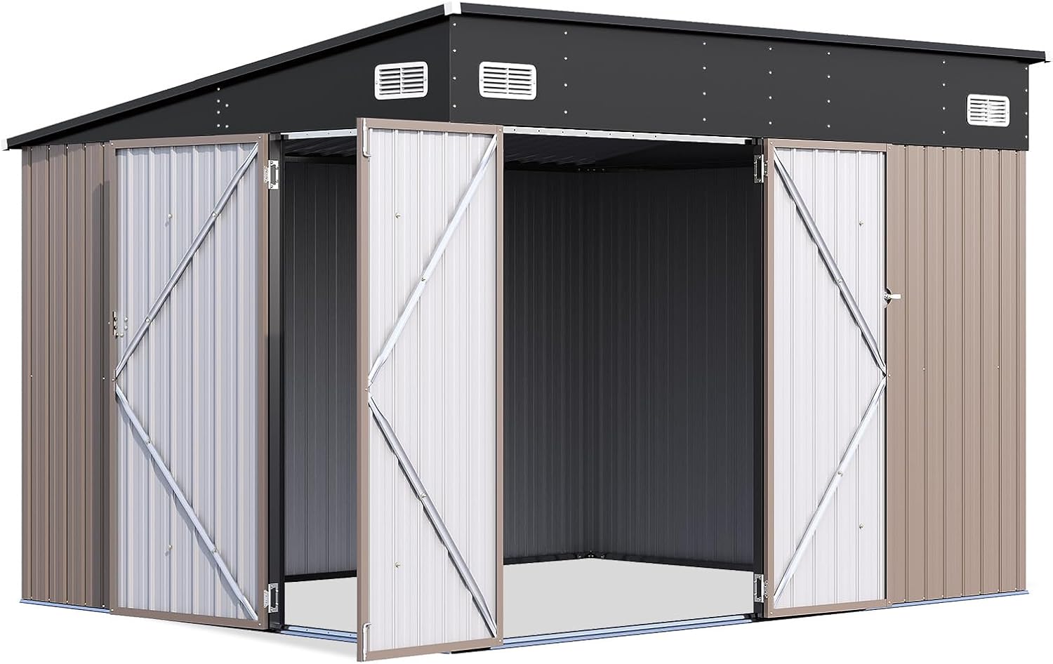 9.5' x 7.5' Outdoor Metal Storage Shed with Sloping Roof & Triple Lockable Doors for Tools, Bicycles, Garden & Patio (Brown)