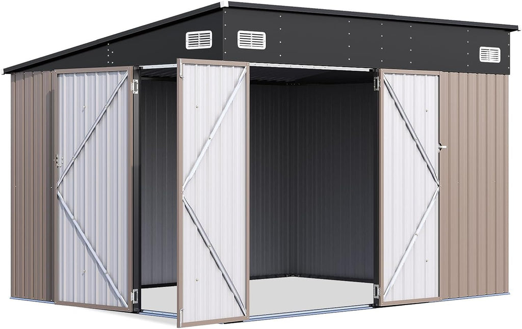9.5' x 7.5' Outdoor Metal Storage Shed with Sloping Roof & Triple Lockable Doors for Tools, Bicycles, Garden & Patio (Brown)
