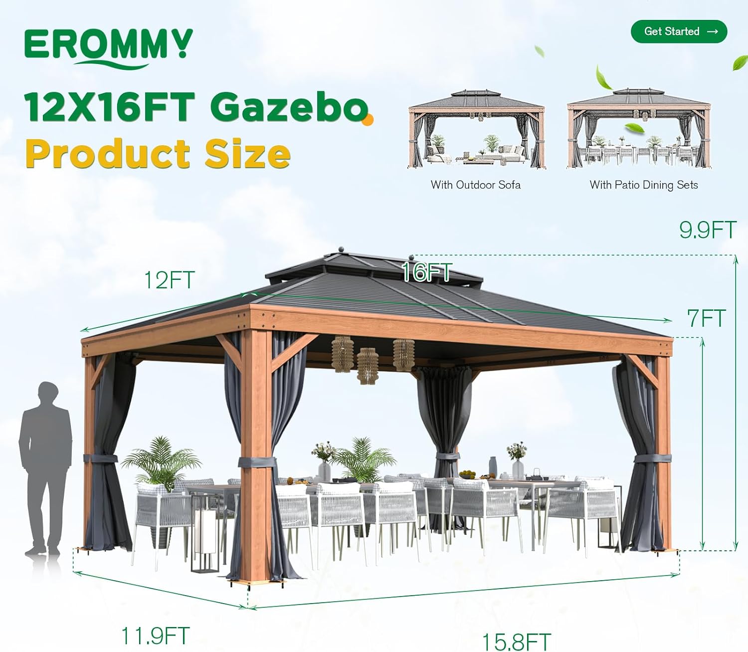 EROMMY 12' x 16' Hardtop Gazebo Outdoor Aluminum Wood Grain Gazebos with Galvanized Steel Roof and Mosquito Net for Patios, Deck, Backyard, Curtains&Netting