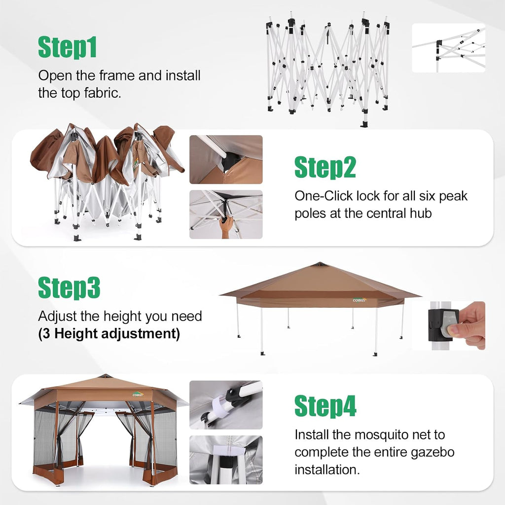 COBIZI 14x14 Pop Up Gazebo Tent with Mosquito Netting, Gazebos on Clearance, Hexagonal Outdoor Canopy Shelter, Patented Center Lock 6-Sided Portable Gazebos, Pop Up Canopy Tent for Backyard, Brown