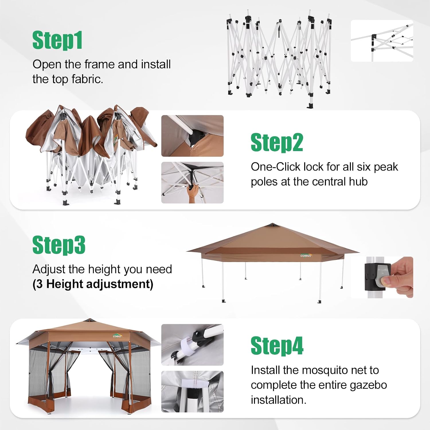 COBIZI 14x14 Pop Up Gazebo Tent with Mosquito Netting, Gazebos on Clearance, Hexagonal Outdoor Canopy Shelter, Patented Center Lock 6-Sided Portable Gazebos, Pop Up Canopy Tent for Backyard, Brown
