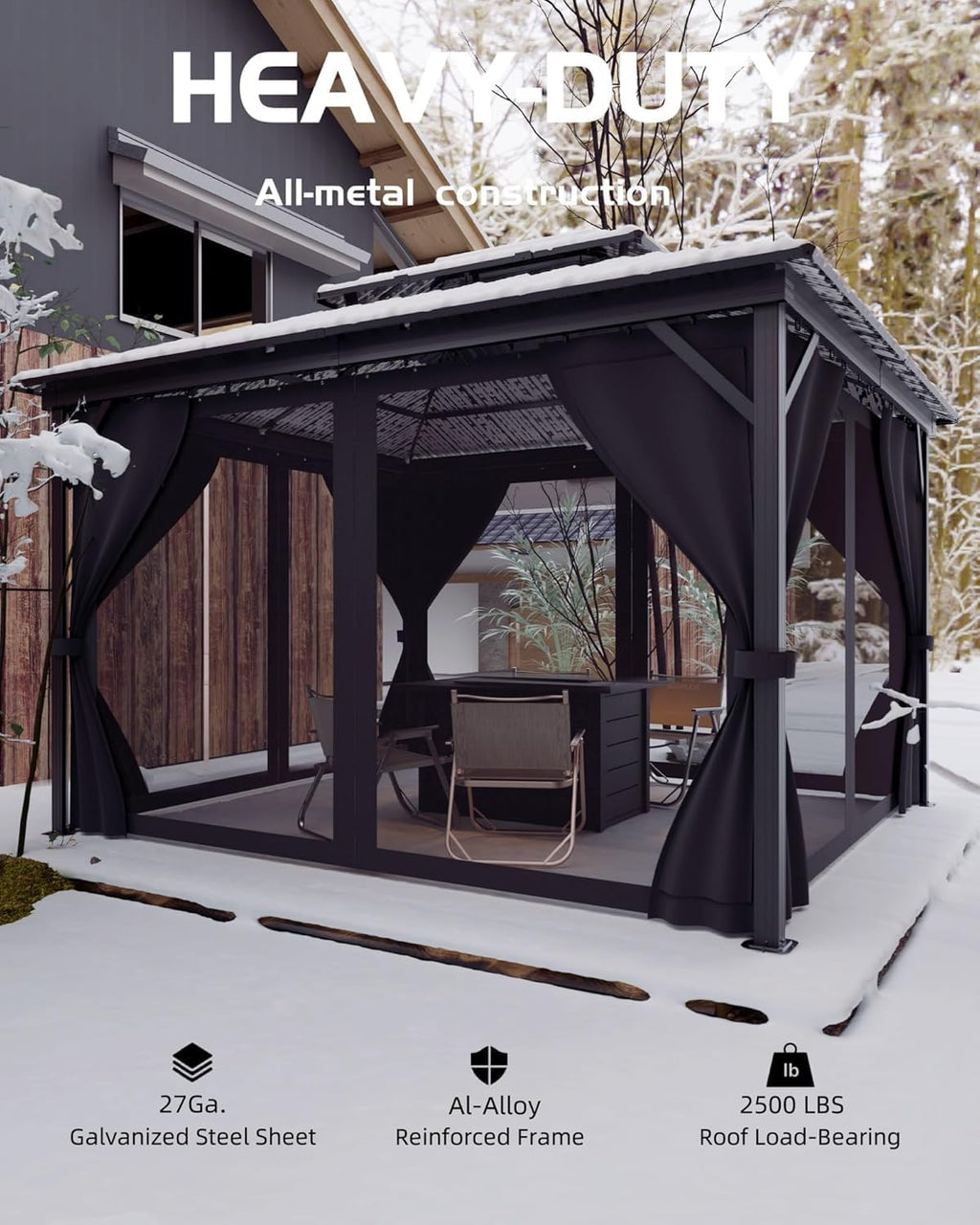 GAOMON Hardtop Gazebo 10'x12' for All Weather, with Double Metal Roof, Aluminum Alloy Frame, Net, and Curtain, Permanent Building of Backyard Luxury for Patio, Deck, Backyard, Lawn, and Garden, Gray