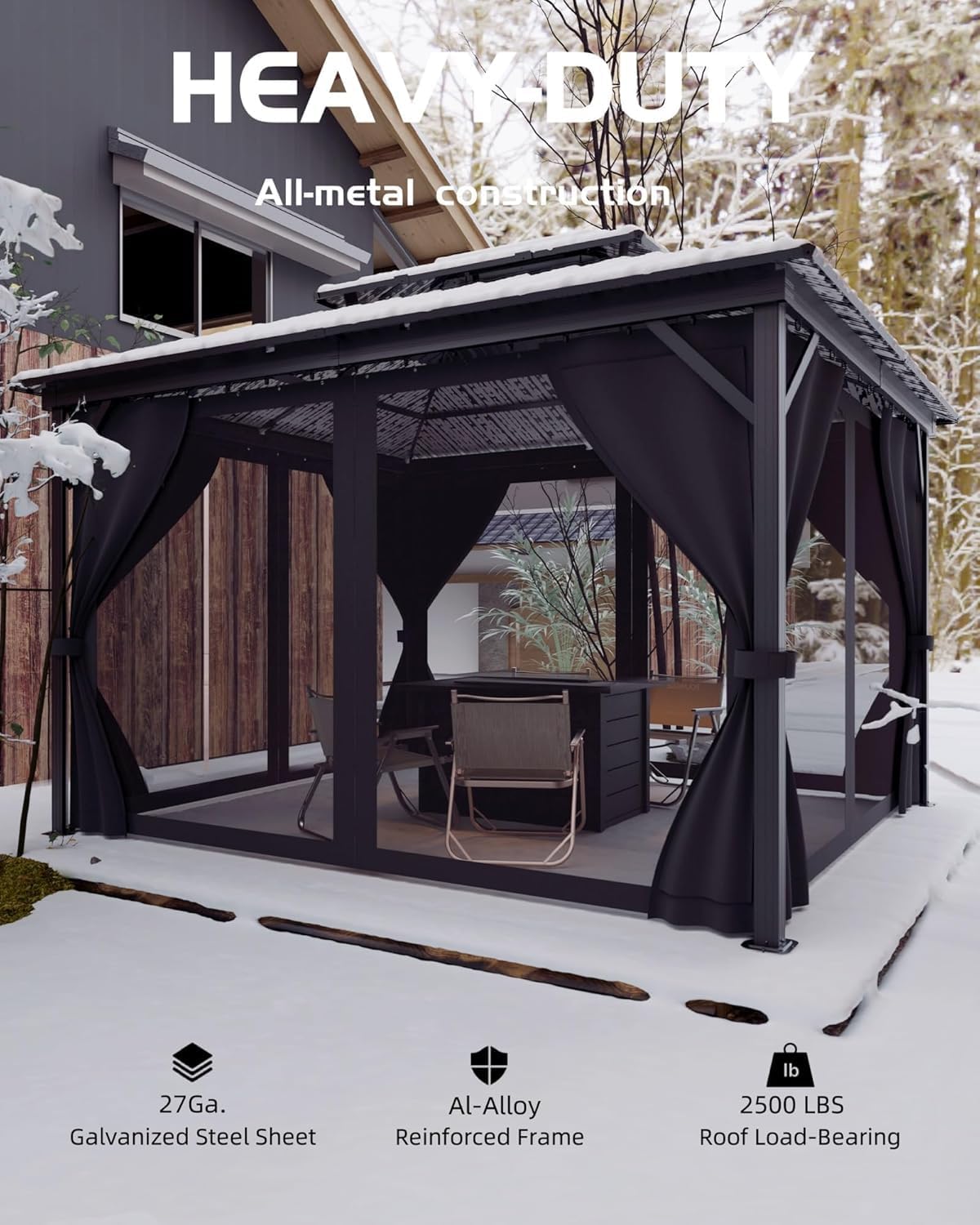 GAOMON Hardtop Gazebo 10'x12' for All Weather, with Double Metal Roof, Aluminum Alloy Frame, Net, and Curtain, Permanent Building of Backyard Luxury for Patio, Deck, Backyard, Lawn, and Garden, Gray