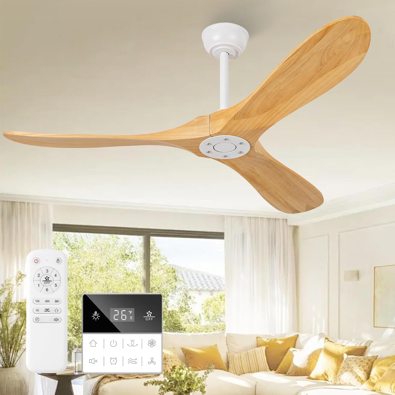 52 Inch Natural Wood Ceiling Fan No Light,Propeller Outdoor Ceiling Fans Without Lights with Wall Switch and Remote Control,Quiet DC Motor,3 Blades Ceiling Fan for Patios,Pavilion,Solid Wood