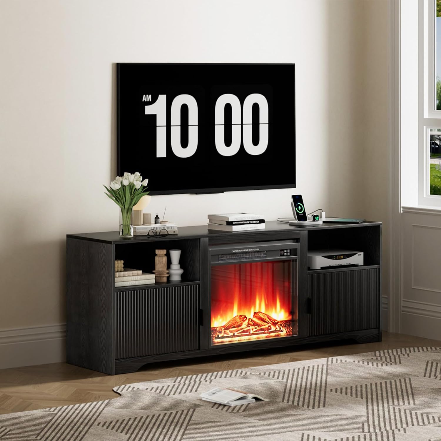 Mxtxmy Fireplace TV Stand for Television up to 80 Inch,Entertainment Center with Adjustable Shelf,Mid-Century Modern Fluted TV Stand with 23' Electric Fireplace,Media Console for Living Room,Bedroom
