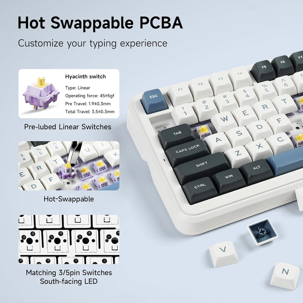 MCHOSE K99 Wireless Mechanical Keyboard, Tri-Mode Connection Gaming Keyboard, Hot Swappable Custom Gasket Structure, Pre-lubed Linear Switches, Double Shot PBT Keycaps RGB LED Backlit Navy Blue