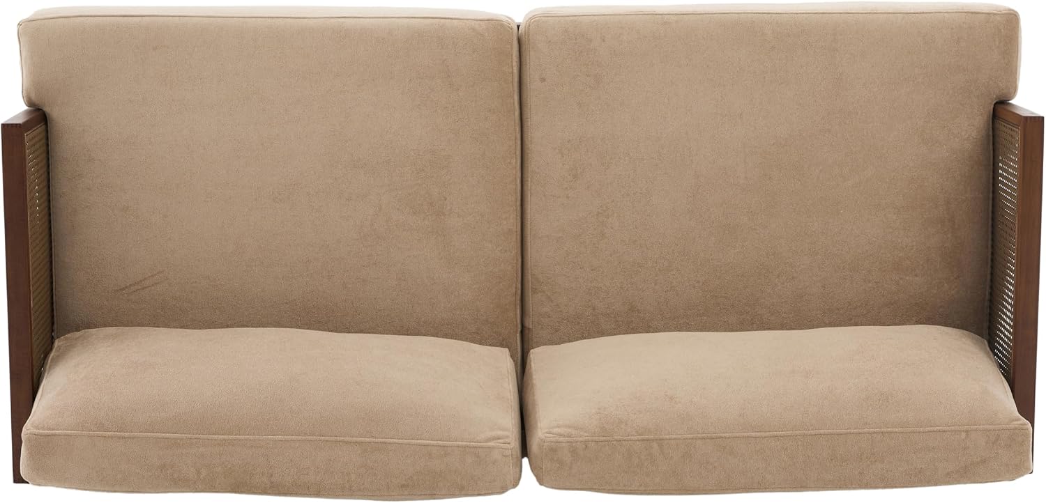 Christopher Knight Home Emir 3 Seater Sofa with Cushion, Sofa Chair with Cane Rattan and Wooden Frame, Spacious Seating Couch for Living Room/Bedrooms, Modern Slat Panel Sofa Couch, Walnut + Camel