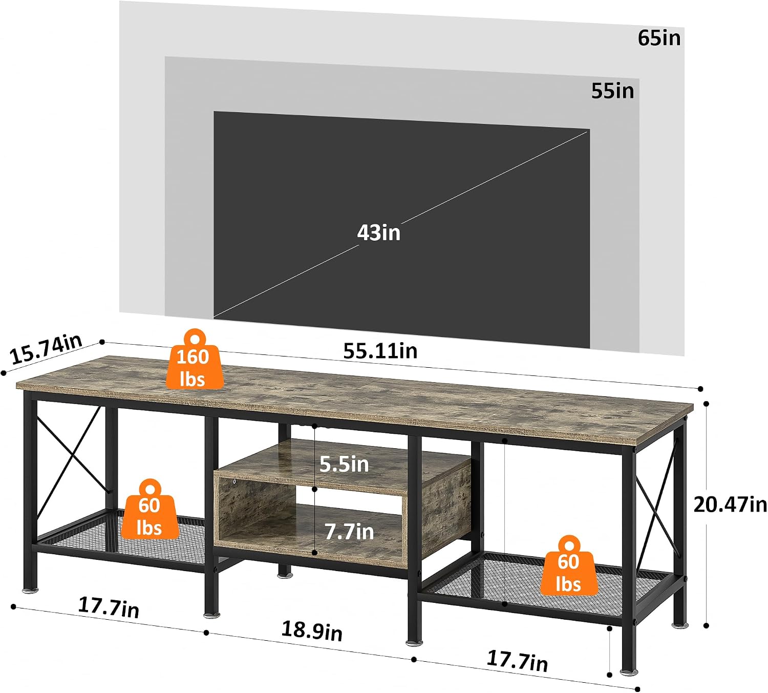VECELO Industrial TV Stand for 65 Inch Television Cabinet 3-Tier Console with Open Storage Shelves, Entertainment Center Metal Frame for Living Room, Bedroom, 55 Inch, Grey