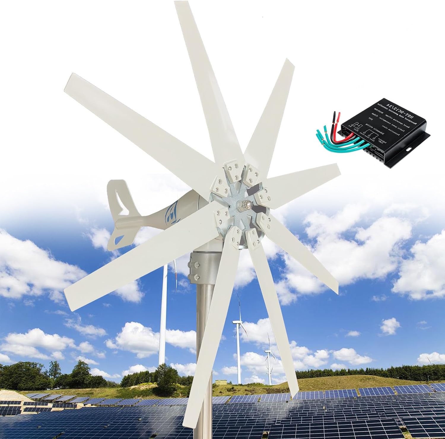 Wind Turbine Generator Kit, 14000W, 12V/24V/48V/110V/220V with 8 Blade, with MPPT Controller, Wind Power Generator for Marine, RV, Home, Windmill Generator Suit for Hybrid Solar Wind System,220V